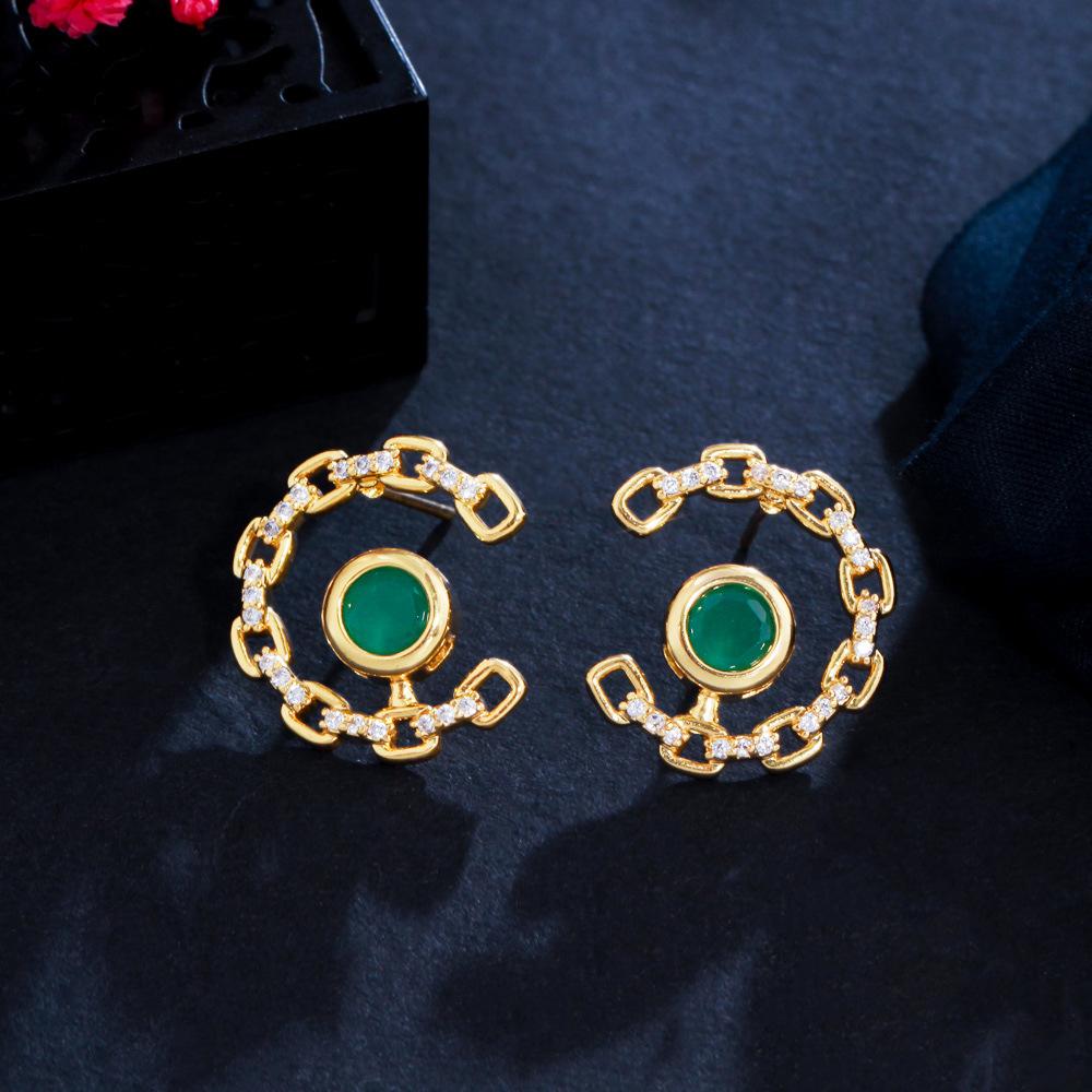 

Микро-инкрустированные цирконами геометрические круглые медные серьги-гвоздики с золотым покрытием, темпераментные атмосферные циркониевые серьги, серьги зелёный