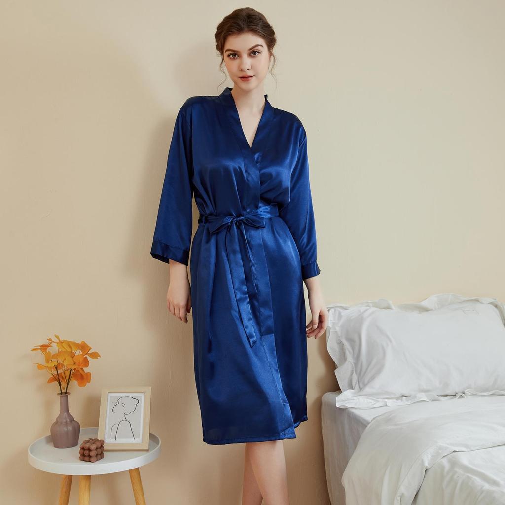 Damen Frühling Herbst Satin Loungewear Sexy Nachtwäsche Langarm Robe Solid Lace Up Bademantel