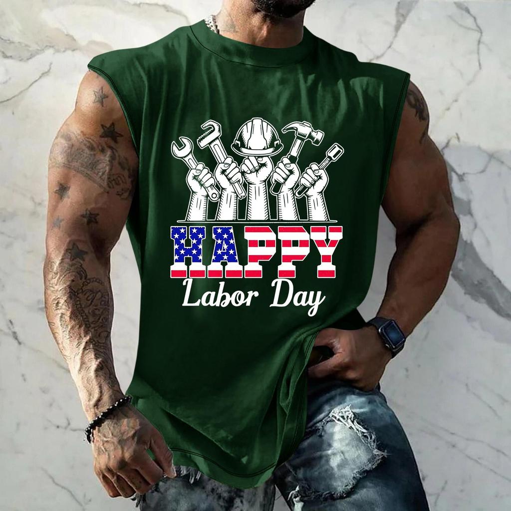 Men's Sleeveless Casual Tank Top Loose Fit Muscle Shirt Labor Day Print Crew Neck Comfortable Summer Workout Apparel
