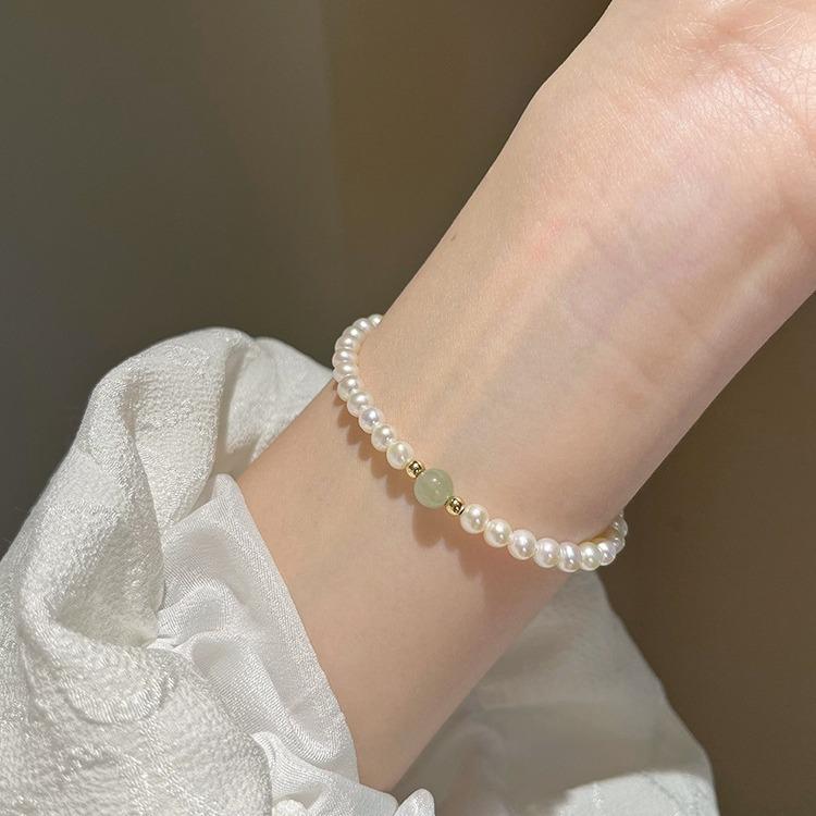 Nearly Round Natural Freshwater Mini Rice-shaped Pearl Bracelet for Women, Summer Hetian Jade Niche Light Luxury Stackable Wear