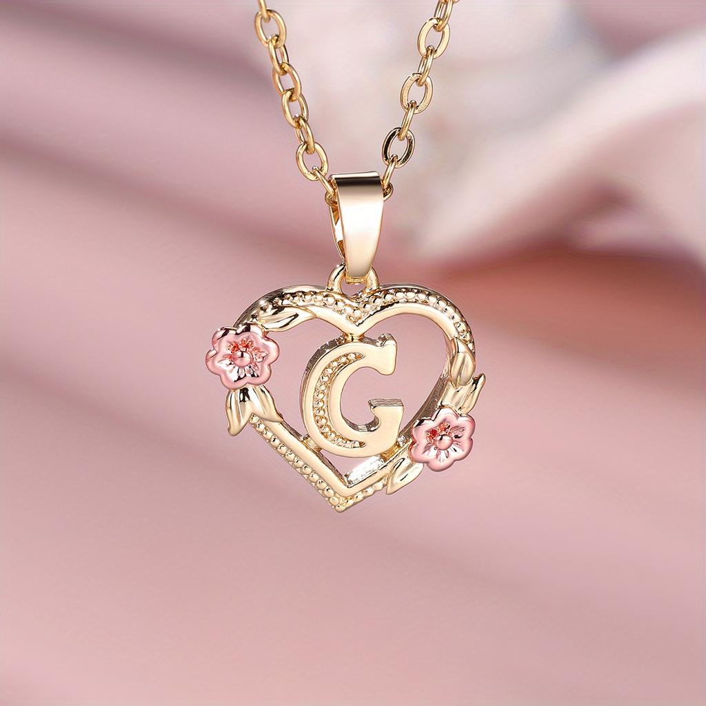 1 Pc Golden Color 26 English Letter Heart Necklace Rose Flower Pendant Wedding Band Jewelry Valentine's Day Gift