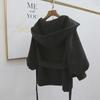 Korean Style Red Wool Cape Coat with Hood and Tie, Lantern Sleeves, Trendy Short Design for Petite Women