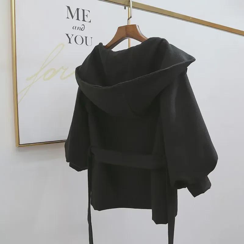 Korean Style Red Wool Cape Coat with Hood and Tie, Lantern Sleeves, Trendy Short Design for Petite Women