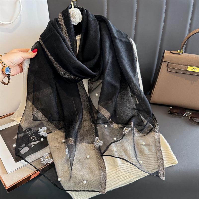 Floral Embroidery Silk Wool Scarf Luxury Women Hijab Female Foulard Pashmina Long Beach Stoles Shawl Wrap Scarves Bandana