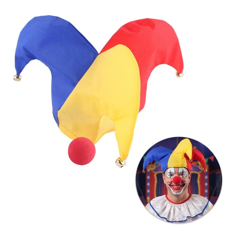 2Pcs Mardi Gras Jester Costume Accessories Halloween Masquerades Cosplay Costume Assecories Jester Hat Clown Nose Set