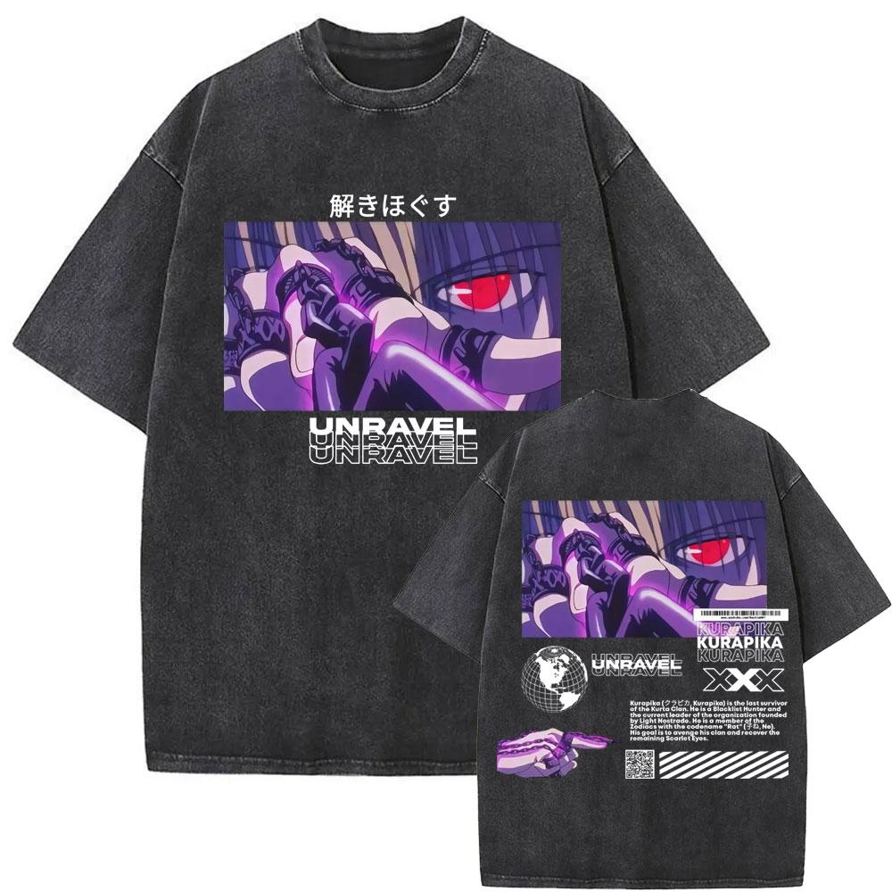 Vintage Anime Hunter X Hunter Washed T Shirts Kurapika Manga Graphic Short Sleeve T-shirt Men Women Casual Oversized T-shirts