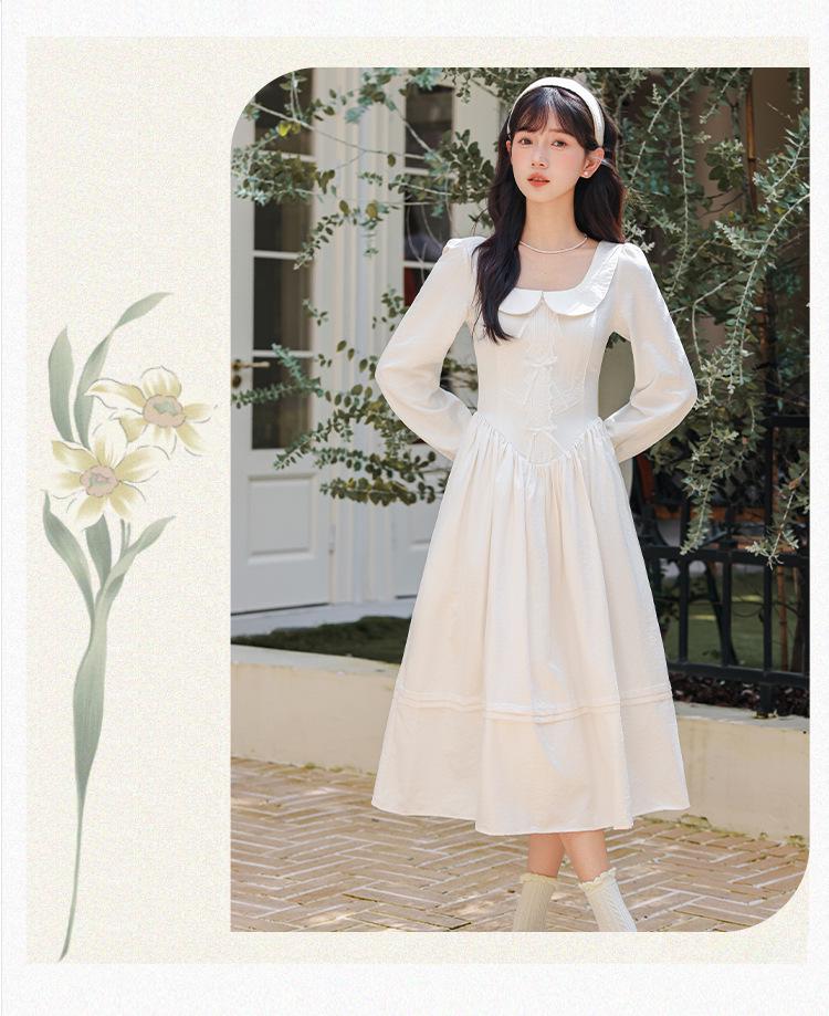 Elegantes französisches Retro-Hemdblusenkleid mit Puppenkragen - Damen, Langarm, Tailliert, Knielang