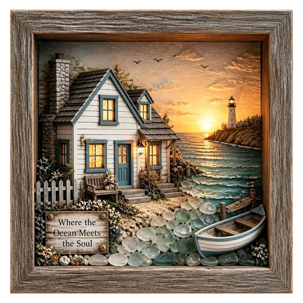 Coastal Lighthouse Sea Glass Night Light DIY Shadow Box Night Light Decorative Theme Ambient Lamp Nautical Tabletop & Wall Decor