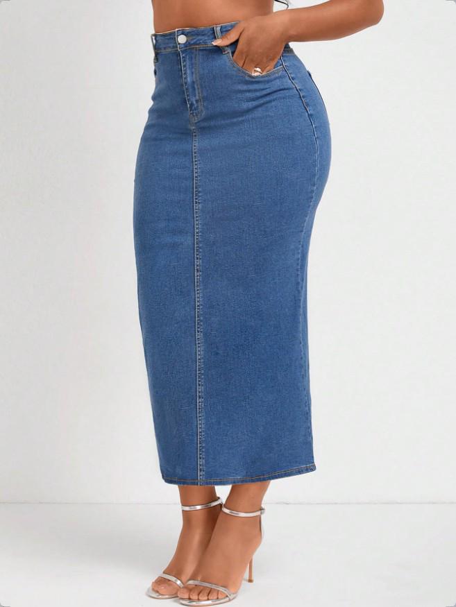 High-Waisted Slimming Denim Midi Skirt with Slit