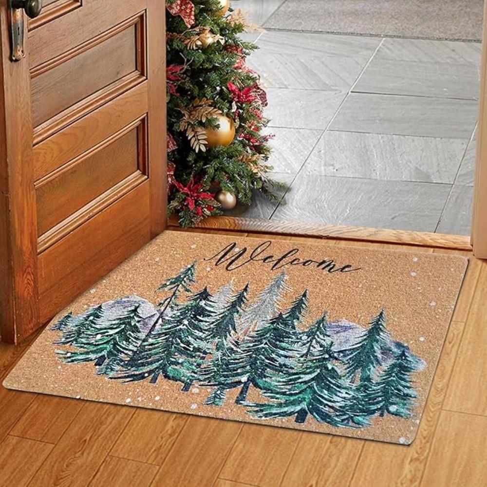 Christmas Carpet Mat Rug Hand-painted Pine Tree with Welcome Text Black Plaid Border Non-slip Floor Mat for Home Decoration