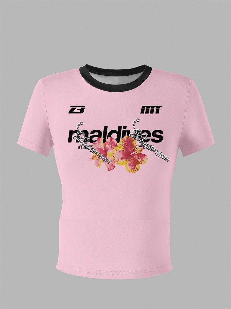 Girls' Maldives Floral Letter Print Contrast Color T Shirt Casual Comfortable Vacation Travel Tee Summer Women'S T-Shirt