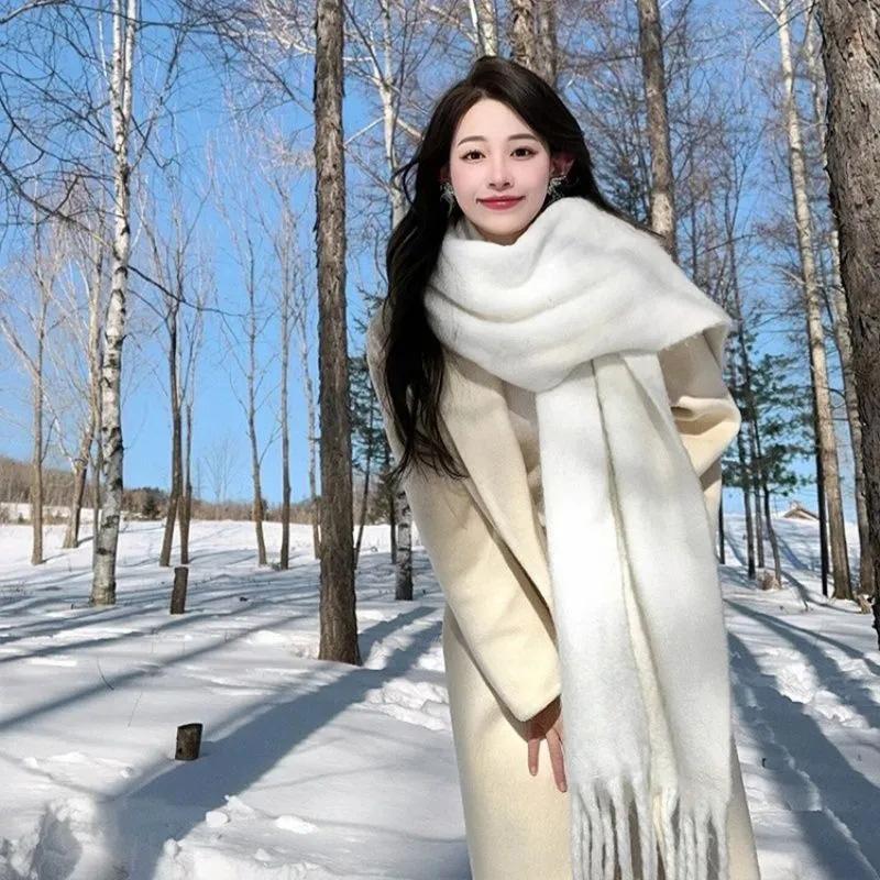 

Solid Tassel Shawl Scarf Fluffy Soft Thick Scarves for Women Cashmere Warm Long Scarf Fashion Luxury Winter Scarf Couple Gifts белый