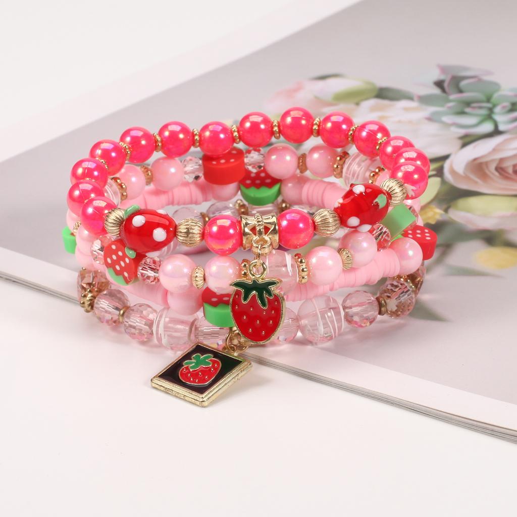 Strawberry Pendant Pink Beads Multilayer Stretch Bracelet Cute Fruit Design Hand Decoration Gift For Women