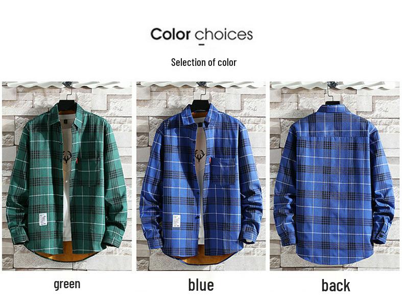 Men's Slim-Fit Fleece-Lined Plaid Button-Down Shirt - Korean Style Warm Casual Top