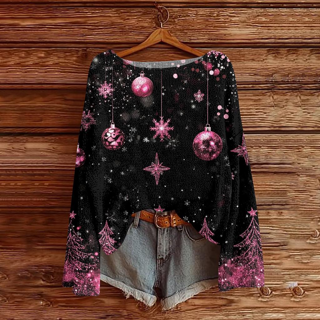 Women's Fashion Round Neck Long Sleeve Christmas Print Casual Pullover Sweater Top