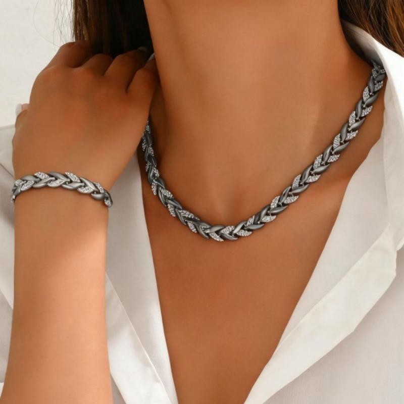 

Women Rose Gold Leaf Inlaid Zircon Chain Necklace Bracelet Jewelry Set 1pcs чорний