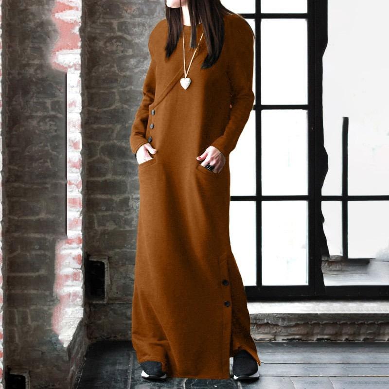 Women Winter Warm Dress Spring Basic Maxi Dress Vintage Long Sweatshirt Dress Casual Pullovers Long Sleeve Button Vestidos
