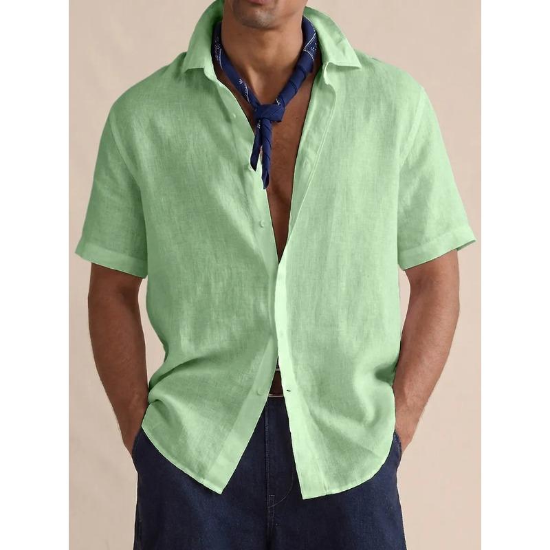 Mens Casual Solid Color Linen Short Sleeve Button Up Shirt