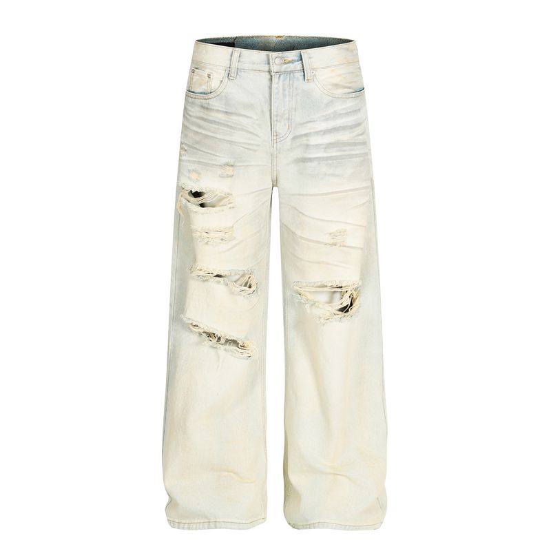 Kisko New High Street Dirty-Dyed Ripped Vibe Washed Jeans Unisex Trendy Brand Cool Loose Straight Pants