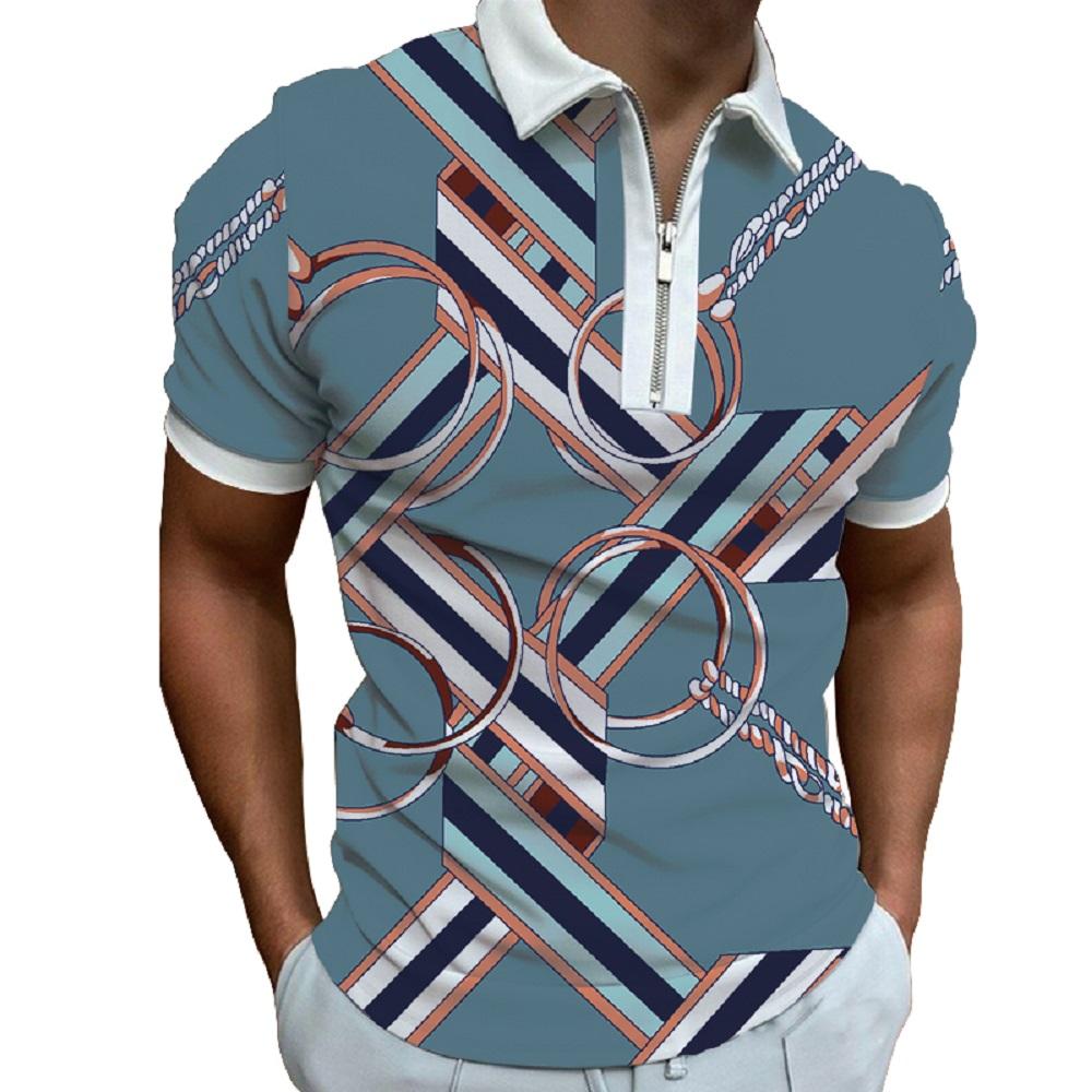 Men's summer fashion striped printed short sleeved zipper polo shirt