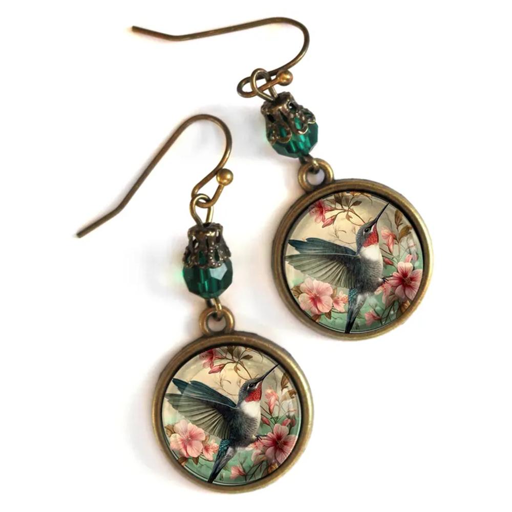 Grüne Perlenblume Kolibri Hängeohrringe Retro Antik Bronze Vogel Glasohrringe Damenschmuck Geschenk