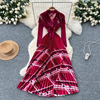 Spring Autumn Women Elegant Blazer Collar Double Breasted Print Office Party Long Maxi Pleated Dresses