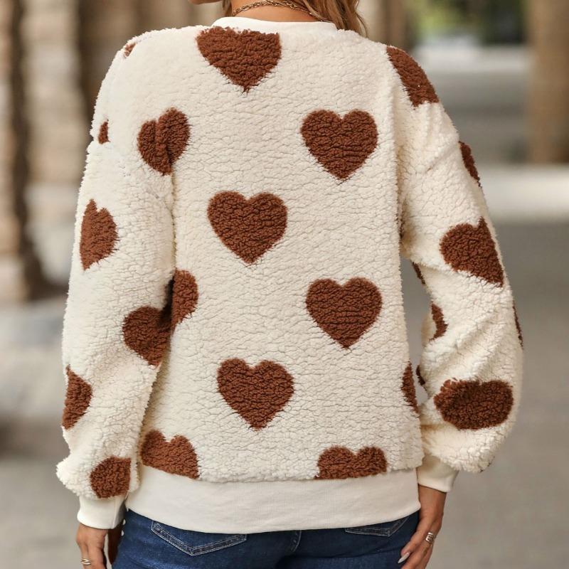 Felpa da donna autunno/inverno a maniche lunghe con girocollo, ampia, con stampa a cuore in peluche