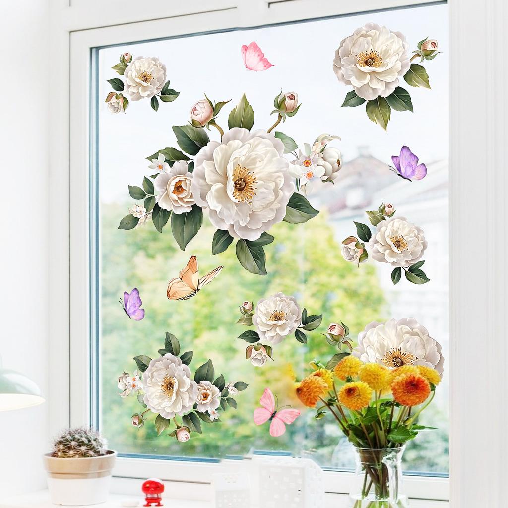 Elegant White Peony Static Cling Window Sticker Self-Adhesive Waterproof Removable Living Room Bedroom Glass Home Decor Art