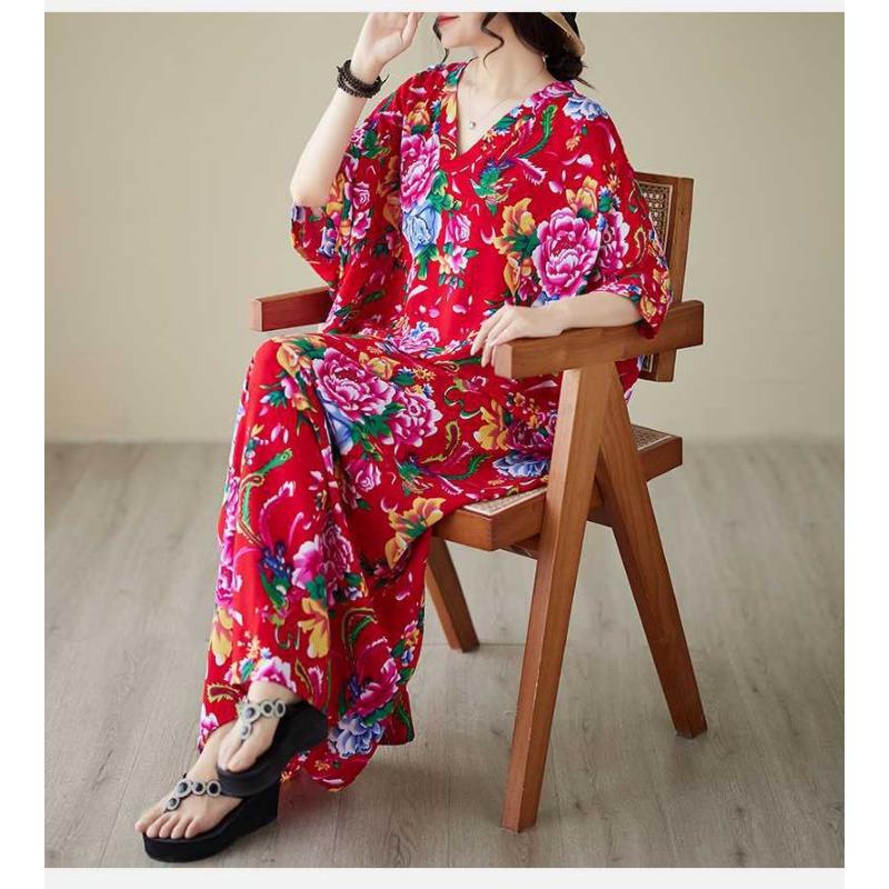 Summer V-neck Cotton Silk Large Size Loose Literary Vacation Style Beach Dresses