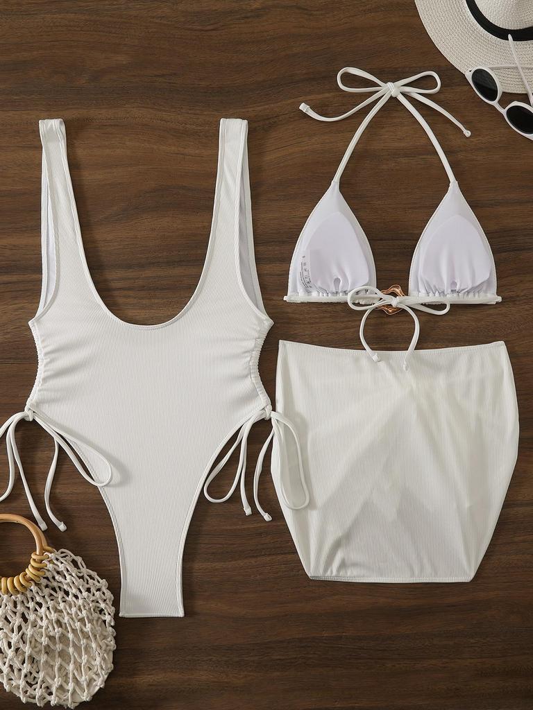 Plus Size Halter Bikini & Mesh Skirt Swimsuit Set - White