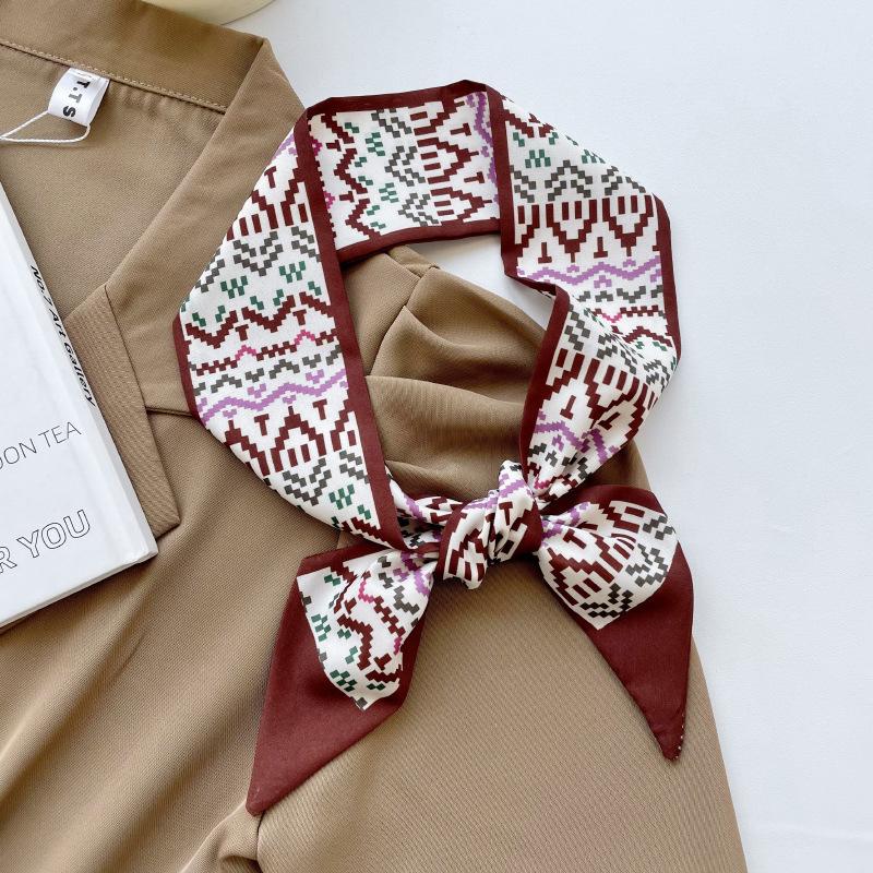 Luxury  Scarf Red Stripe Printing Women Scarf Bag Hair Skinny Silk Scarves Lady Foulard Neckerchief Headband