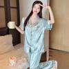 Chinese Style Flower High-End Light Luxury Jacquard Ice Silk Pajamas Women'S Summer Short-Sleeved Trousers Loungewear