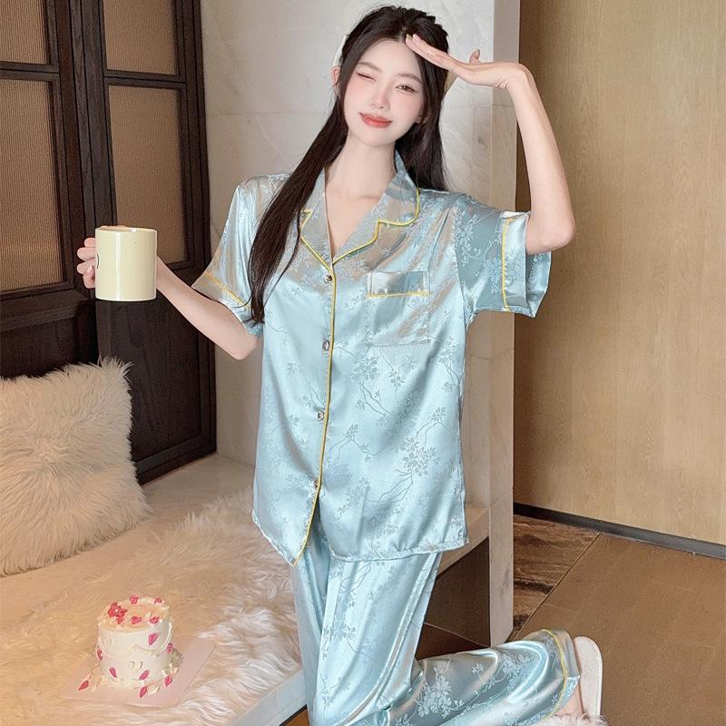 Chinese Style Flower High-End Light Luxury Jacquard Ice Silk Pajamas Women'S Summer Short-Sleeved Trousers Loungewear