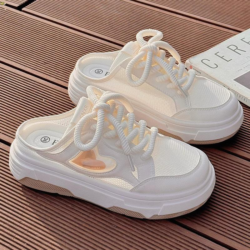 Summer half slippers women's 2025 new breathable thin mesh mesh shoes platform casual one-pedal lazy little white shoes