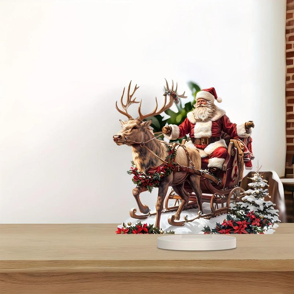 Santa Sleigh with Reindeer Tabletop Christmas Ornament with Base 2D Acrylic  for Xmas Navidad Party Home Decor Supplies
