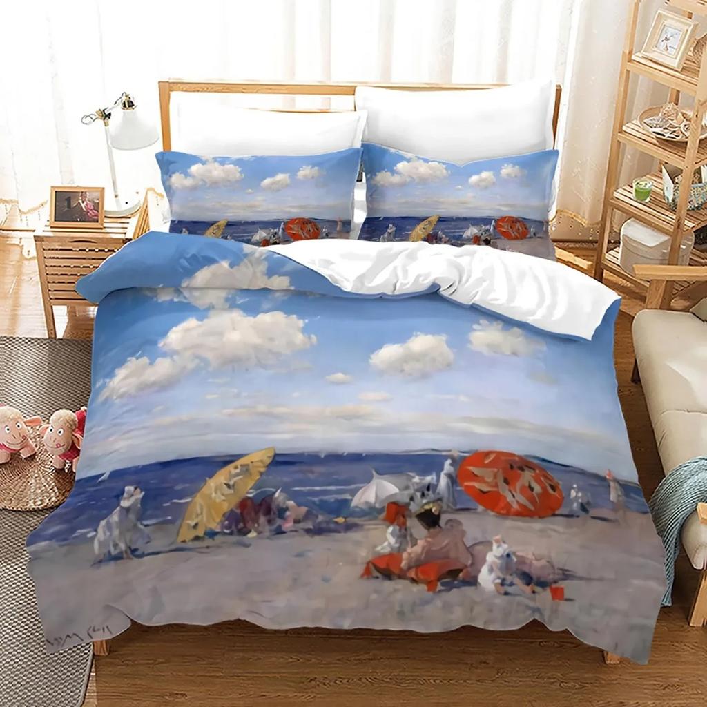 Ocean Duvet Cover Set QueenFull Size Tropical Island with The Palm Trees and Sea Beach Nature Theme Print Polyester Bedding Set