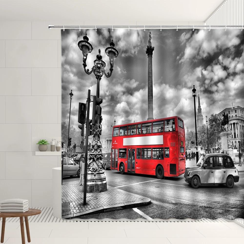 London Big Ben Rote Telefonzelle Retro Badezimmer Duschvorhang Wasserdicht Polyesterstoff Heimdekoration Kunst Badezimmer Vorhänge