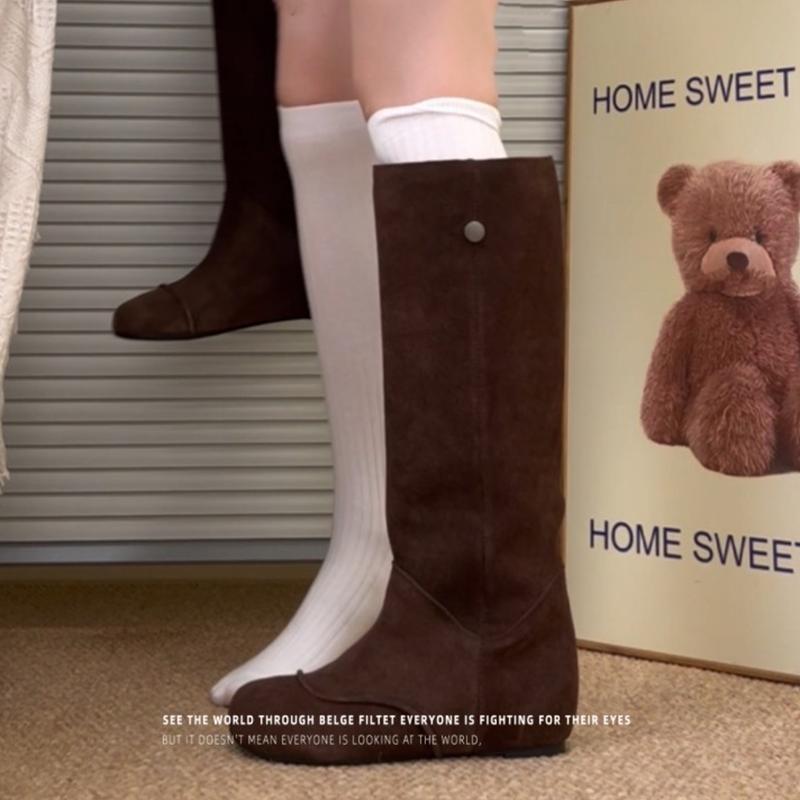 Flats Women's High Boots Fashion Knee High Suede Shoes  Chelsea Boots New Walking  Comfort Motorcycle Mujer De Botas