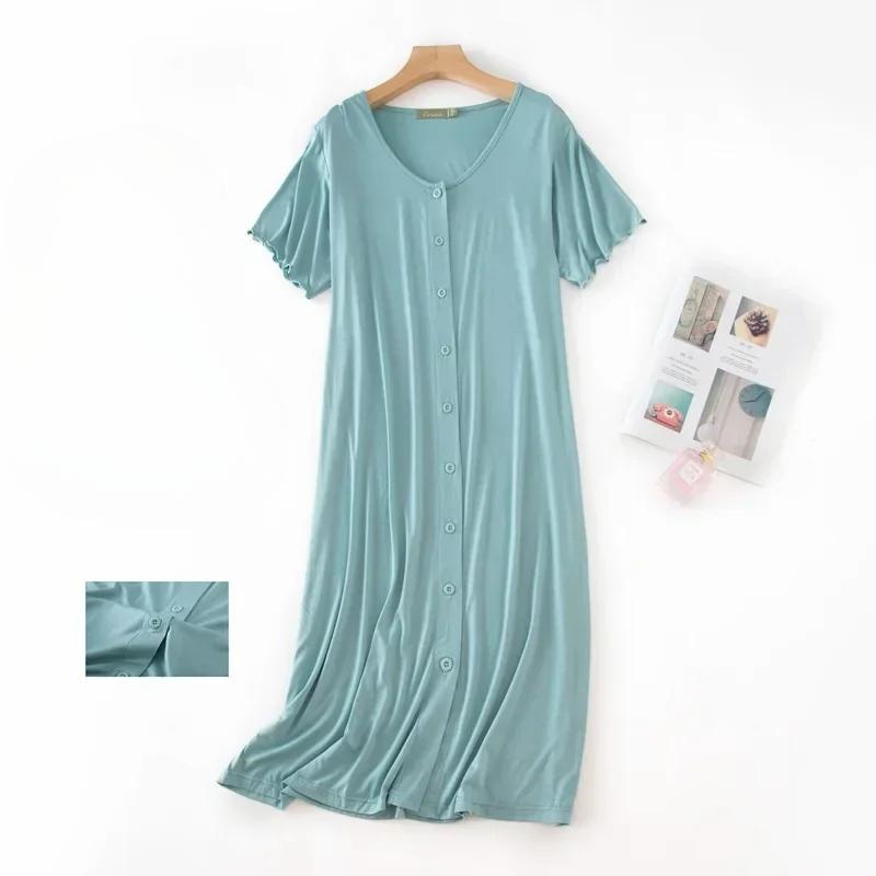 Modal Short-sleeved Mid-length Sleep Tops Night Dress with Button for Women Sleepwear Cotton Cardigan Plus Size Sleep Dress