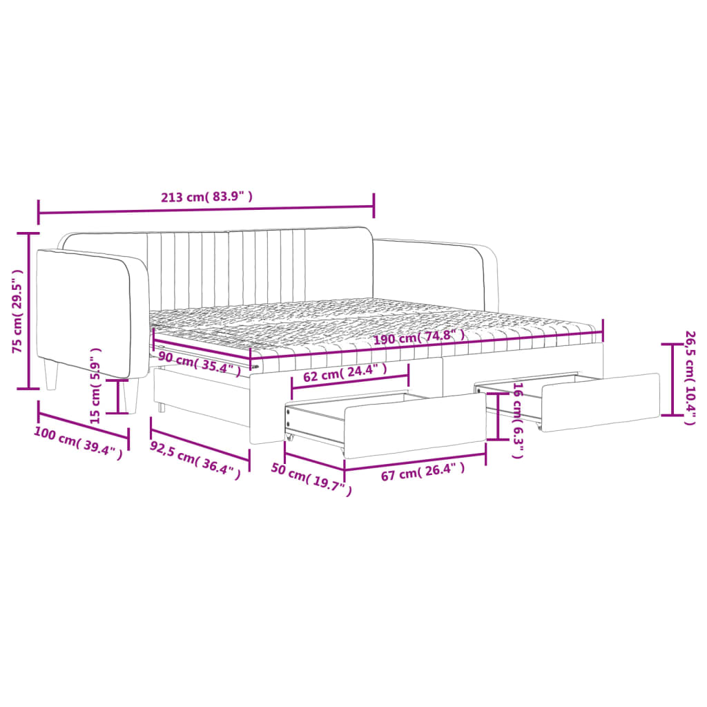 Extendable Daybed with Drawers Light Grey 90x190 Cm Velvet
