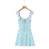 Pure French sexy lace lace-up ruffle edge waist thin print suspender dress women's A-word short skirt summer