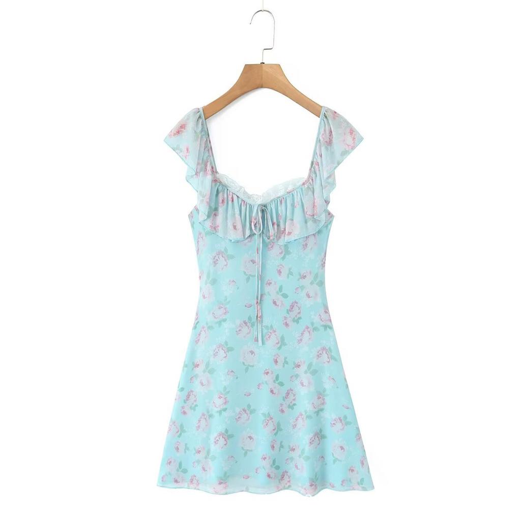 Pure French sexy lace lace-up ruffle edge waist thin print suspender dress women's A-word short skirt summer