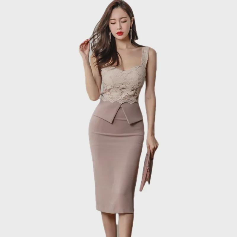 2019 Sommer Koreanisches Spitzen-Hosenträgerkleid – Slim Fit OL-Stil
