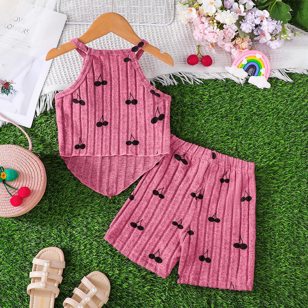 Girls Fashion Cute Cherry Pattern Tank Top + Shorts Set 2025 Summer Children's Casual Set