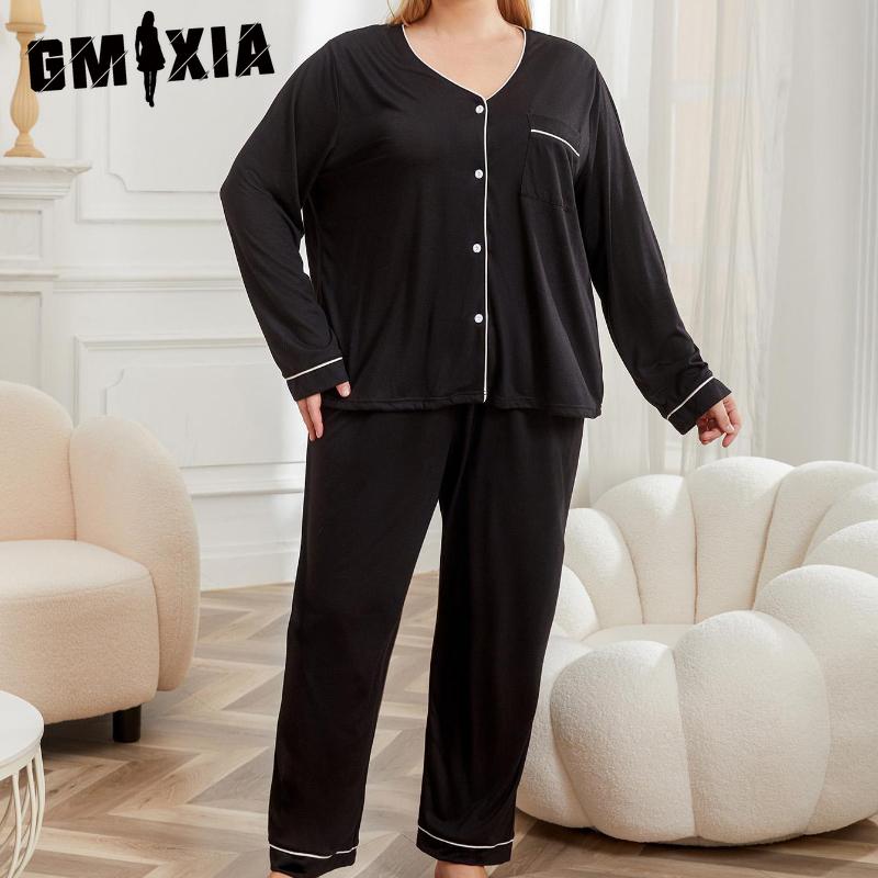 

GMXIA Пижама большого размера женская осенне-зимняя с длинным рукавом, комплект домашней одежды XL чёрный