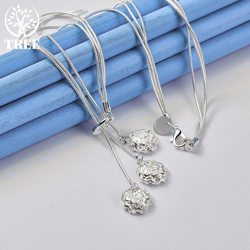 925 Sterling Silver 20 Inch Snake Chain Three Rose Flows Pendant Necklace Jewelry