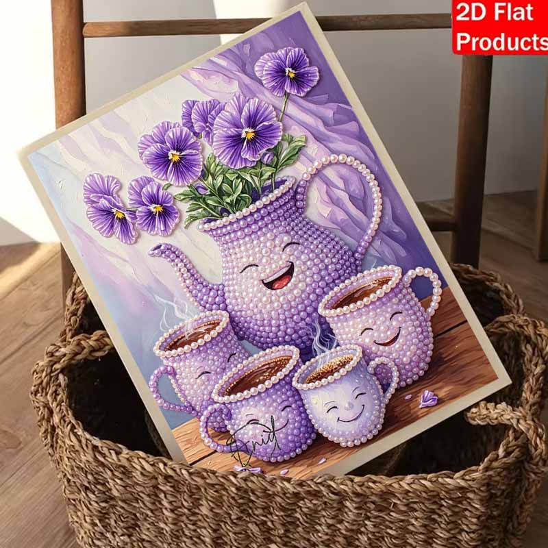 Purple Flower Teapot Cups Pearl Painting Set Pearl Art DIY Handmade Crafts Home Wall Decoration