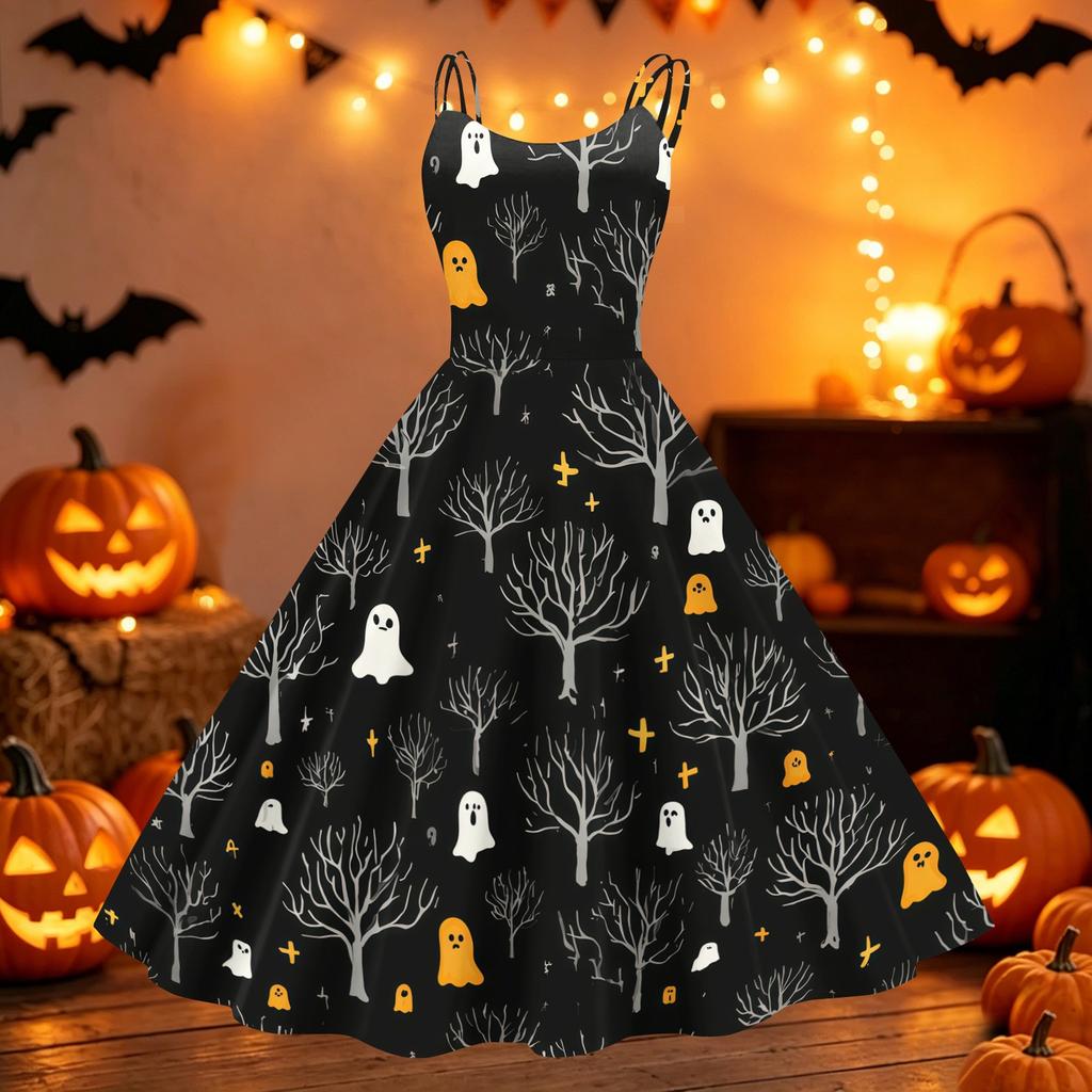Womens Halloween Printed Off Shoulder Dress Vintage Punk Style Sleeveless Spaghetti Strap A Line Swing Dress with Flared Skirt for Party