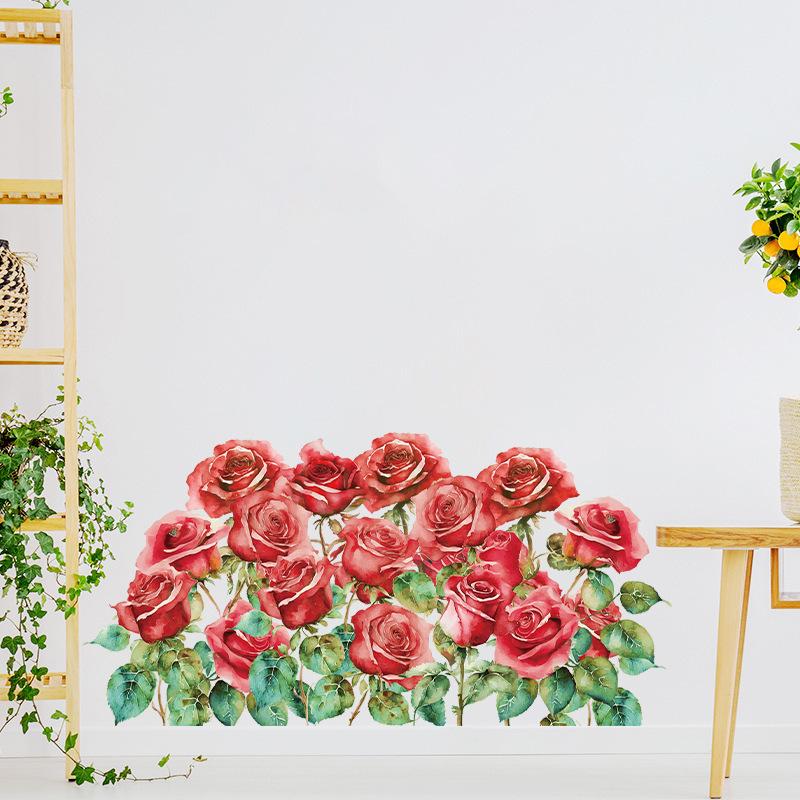 Romantic Red Roses and Green Plants Wall Sticker for Valentine Day Home Decor Bedroom Hallway Entrance