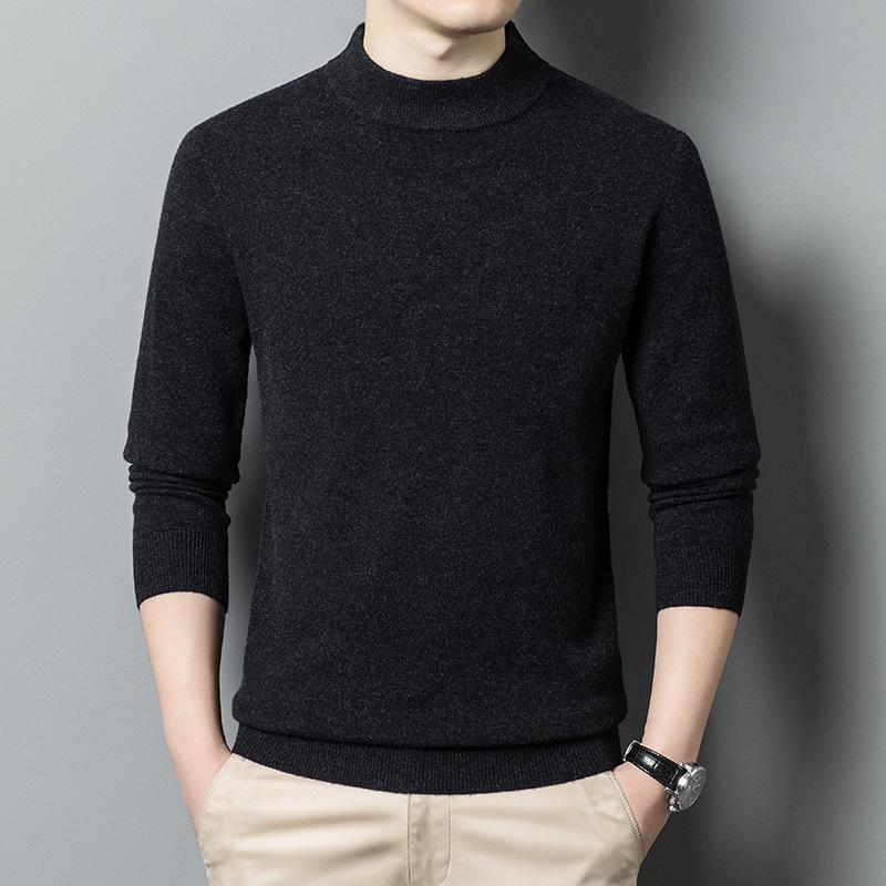 

Spring and Autumn Thin Sweater Men s Middle-aged Wool Loose Round Neck T-Shirt Casual Solid Color Knitted Half-Turtle Neck T-Shirt M